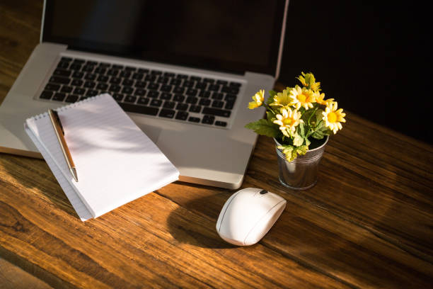 istock Overhead view of an desk 668912040