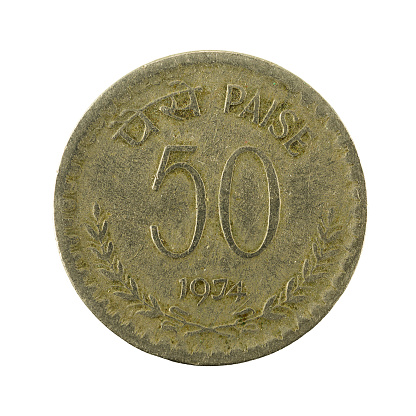 50 indian paisa coin (1974) obverse isolated on white background