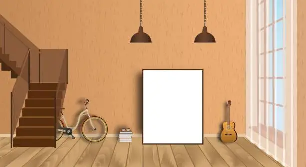 Vector illustration of Mockup living room interior with empty frame, bicycle, guitar, wood floor and second floor stairway.