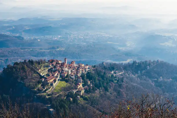 Aerial view.  The Sacro Monte of Varese is located in the Regional Park Campo dei Fiori. To right you can see the sacred way with six of the fourteen chapels