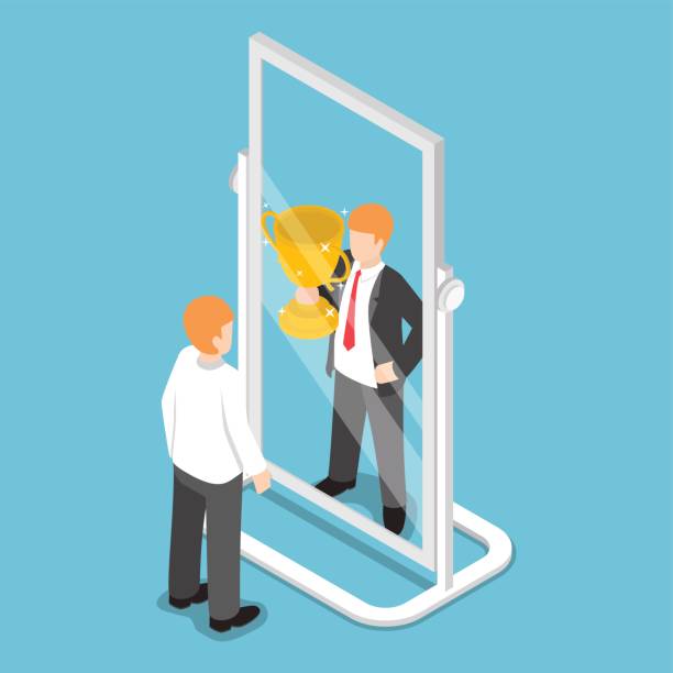 Isometric businessman see himself being successful in the mirror Flat 3d isometric businessman see himself being successful in the mirror, successful career concept one man only stock illustrations