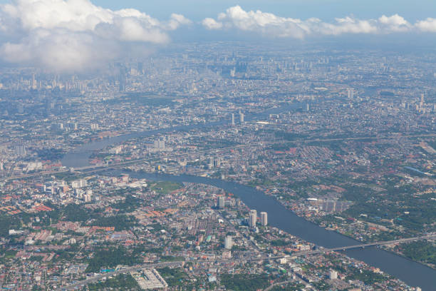 istock Bangkok cityscape from sky view with river 668937830