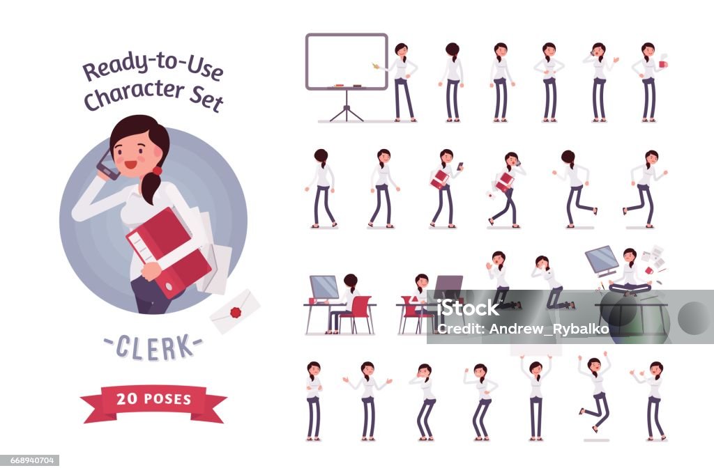 Ready-to-use business female clerk character set, different poses and emotions Ready-to-use character set. Young female clerk in formal wear. Different poses and emotions, running, standing, sitting, walking, happy, angry. Full length, front, rear view against white background Characters stock vector