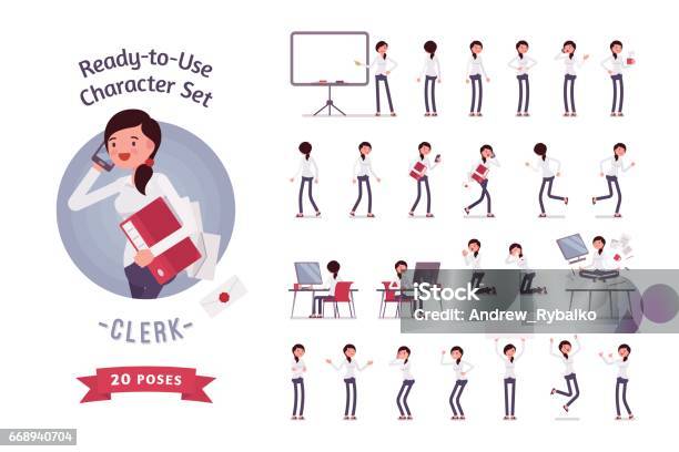 Readytouse Business Female Clerk Character Set Different Poses And Emotions Stock Illustration - Download Image Now