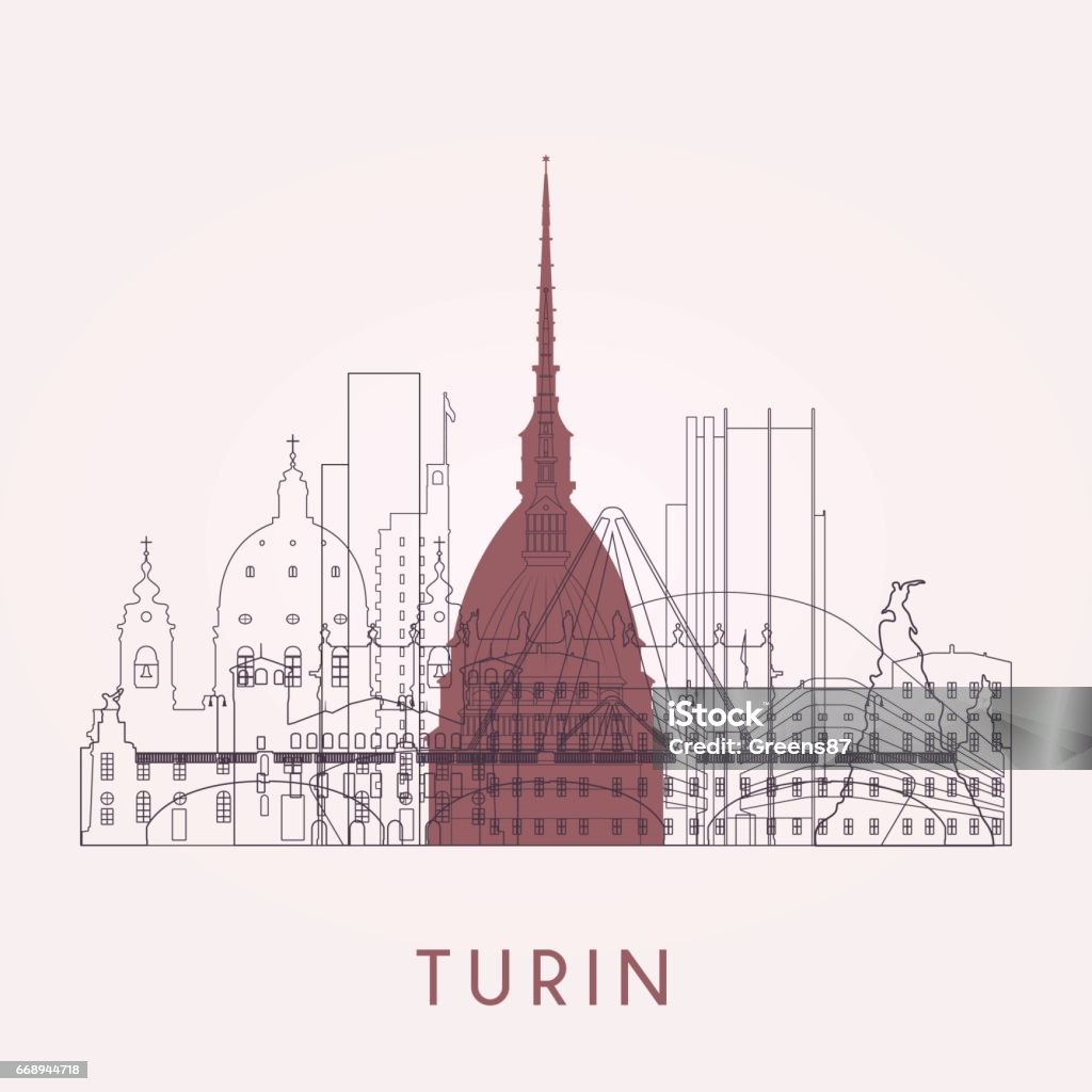 Outline Turin skyline with landmarks. Outline Turin skyline with landmarks. Vector illustration. Business travel and tourism concept with historic buildings. Turin stock vector