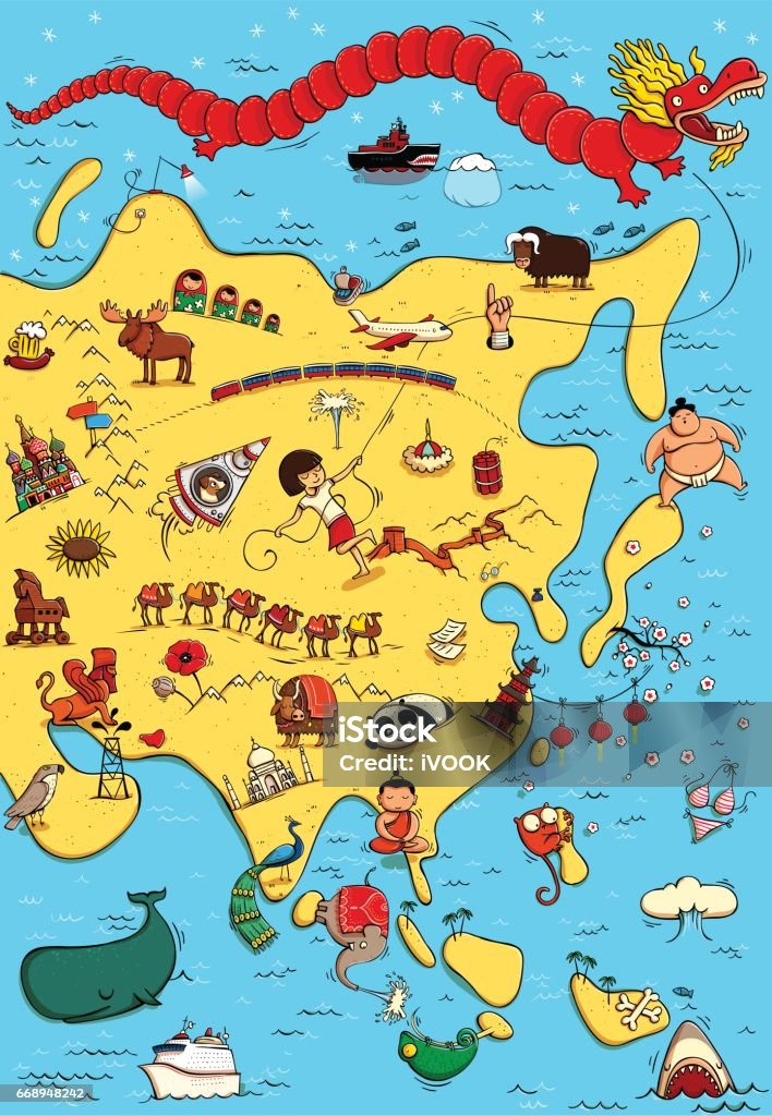 Illustrated Map of Asia Illustrated Map of Asia. With funny and typical objects, people, activities, animals, plants, history etc. Illustration in eps10 vector, continent on separate layer. Siberia stock vector