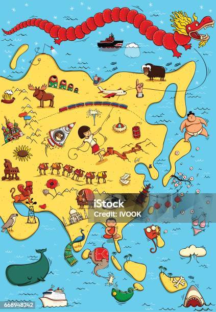 Illustrated Map Of Asia Stock Illustration - Download Image Now - Siberia, Sports Training, Animal