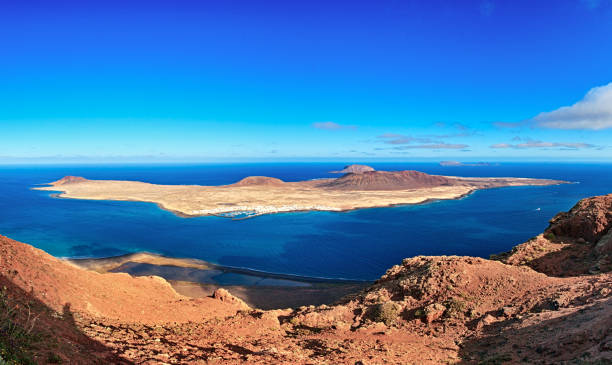 панорама острова грасиоса, лансароте, канарские острова - lanzarote bay canary islands beach стоковые фото и изображения