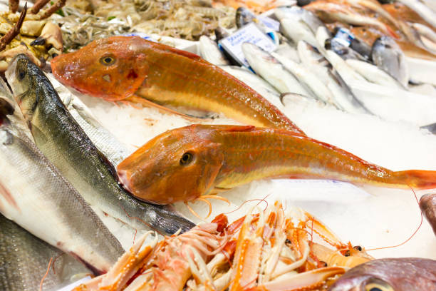 istock Sea fish on market stalls 668948602