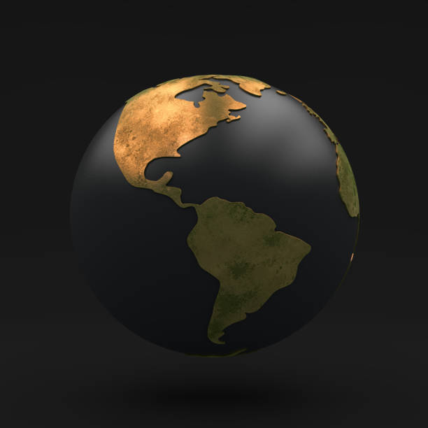 istock Black globe with Golden continents, view south america and north america 668955176