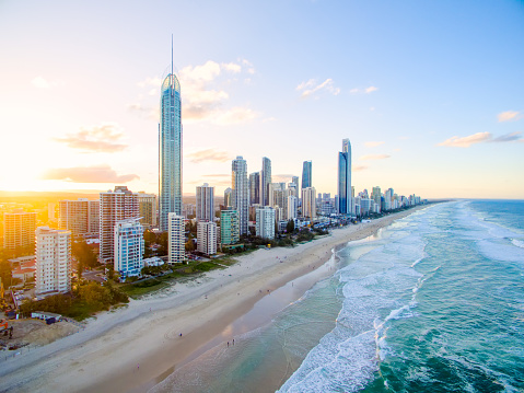 An aerial view at sunset of Surfers Paradise on Queensland's Gold Coast in Australia