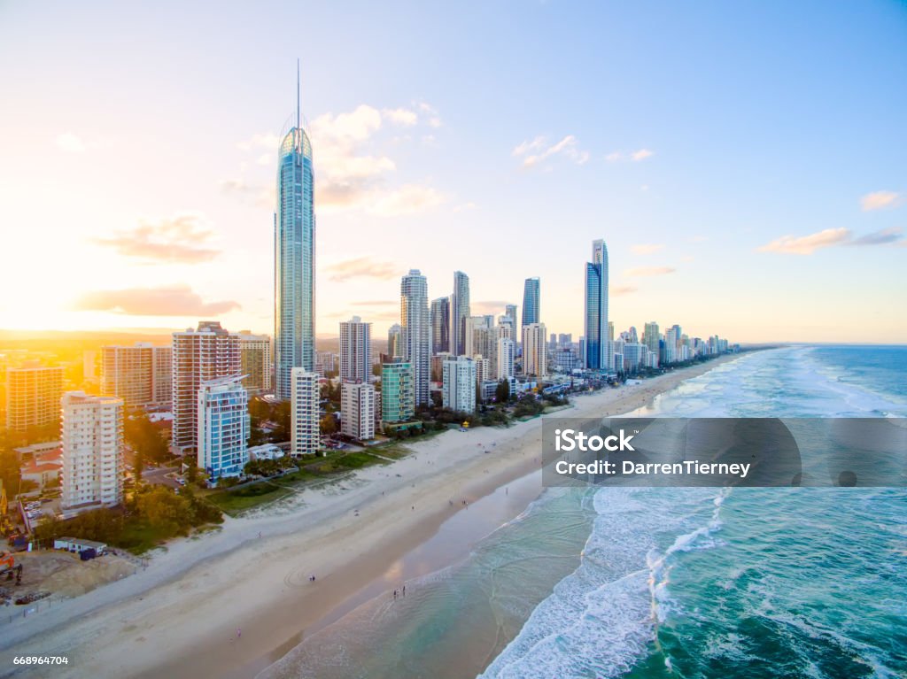 Surfers Paradise aerial image at sunset An aerial view at sunset of Surfers Paradise on Queensland's Gold Coast in Australia Gold Coast - Queensland Stock Photo