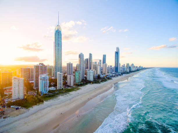 Surfers Paradise aerial image at sunset stock photo