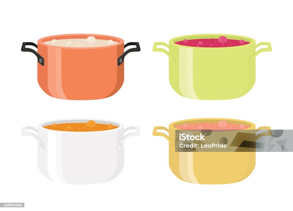 Verschiedene Suppen in Töpfen. Warme Mahlzeit mit Gemüse, Fleisch. Flachen Stil. - Lizenzfrei Borschtsch Vektorgrafik Verschiedene Suppen in Töpfen. Warme Mahlzeit mit Gemüse, Fleisch. Flachen Stil. - Lizenzfrei Borschtsch Vektorgrafik