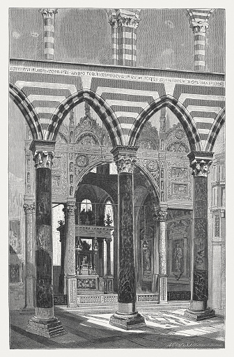 Genoa Cathedral, Italy, interior, built between 1100 - 1500. Wood engraving, published in 1884.