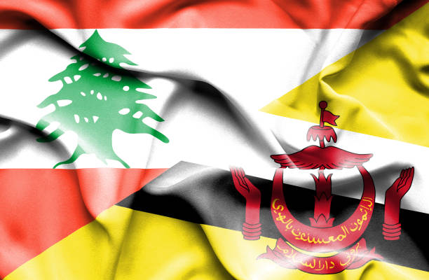mengibarkan bendera brunei dan lebanon - brunei money ilustrasi stok