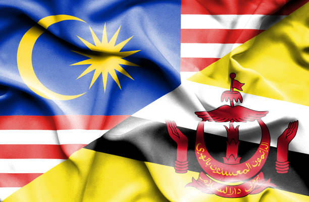 mengibarkan bendera brunei dan malaysia - brunei money ilustrasi stok