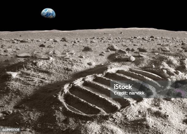 Footprint Of Astronaut On The Moon Stock Photo - Download Image Now - Moon Surface, Moon, Planetary Moon