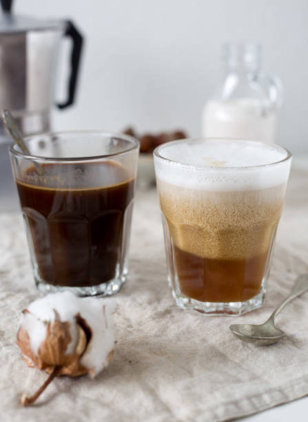 istock Hot latte and black coffee on white background. Morning concept 668992908