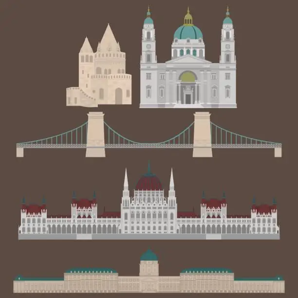 Vector illustration of Hungarian City sights in Budapest. Hungary Landmark Travel And Journey Architecture Elements Buda castle, Chain Bridge. Budapest parliament, Fisherman's bastion, St. Istvan basilica