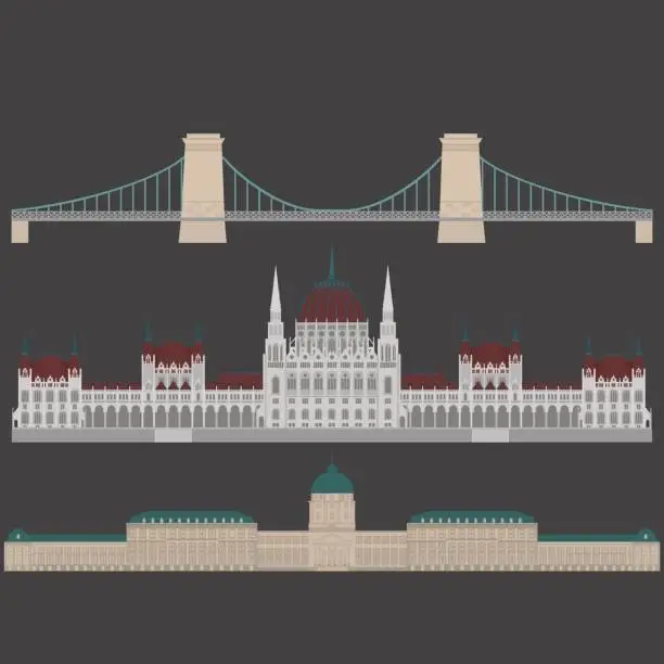 Vector illustration of Hungarian City sights in Budapest. Hungary Landmark Travel And Journey Architecture Elements Buda castle, Chain Bridge. Budapest parliament, St. Istvan basilica