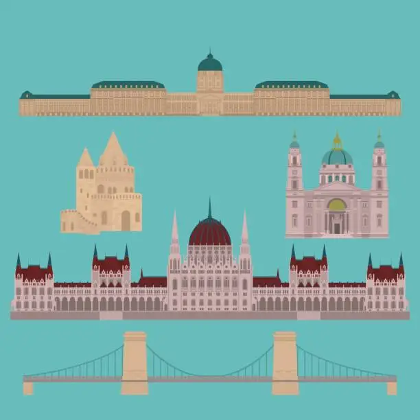 Vector illustration of Hungarian City sights in Budapest. Hungary Landmark Travel And Journey Architecture Elements Buda castle, Chain Bridge. Budapest parliament, Fisherman's bastion, St. Istvan basilica