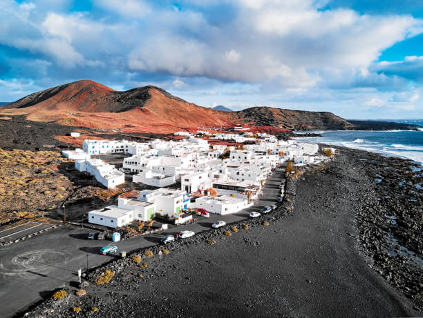 Aerial view of El Golfo village, Lanzarote, Canary Islands, Spain stock photo