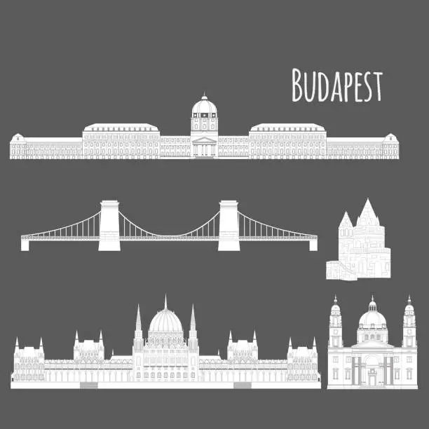 Vector illustration of Hungarian City sights in Budapest. Hungary Landmark Travel And Journey Architecture Elements Buda castle, Chain Bridge. Budapest parliament, St. Istvan basilica