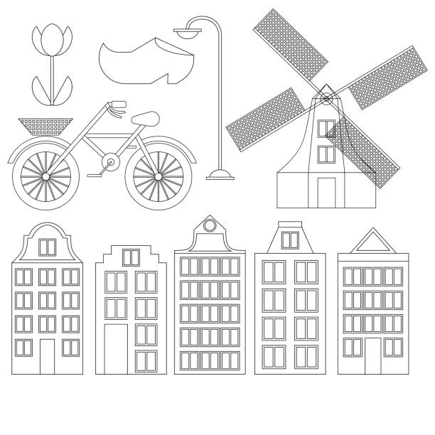 amsterdam miasto płaskie line art. punkt orientacyjny podróży, architektura holandii, domy w holandii, budynek europejski izolowany, wiatrak, most, rower, buty i lampa - symbol journey icon set street stock illustrations