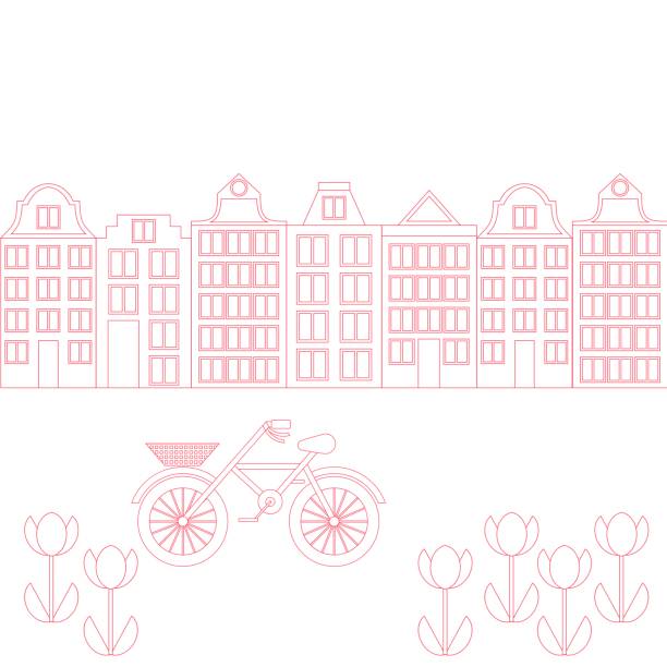 ilustrações, clipart, desenhos animados e ícones de amesterdão cidade plana linha artística. marco de viagens, casas de arquitetura dos países baixos, holanda, europeia flores, bicicleta e isolada do conjunto do edifício - house residential structure facade icon set