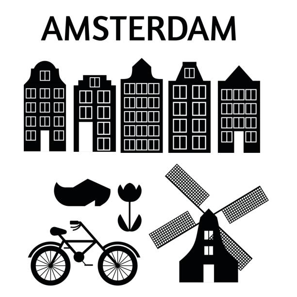 amsterdam miasto płaskie sztuki. punkt orientacyjny podróży, architektura holandii, domy holland, budynek europejski izolowany zestaw, wiatrak, most, rower, buty i lampy. - symbol journey icon set street stock illustrations