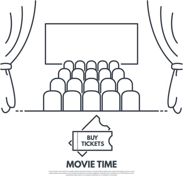 Cinema theater Cinema premiere line style vector. Movie theatre with seats and curtains. Big screen. Black and white simple lines. Banner with text and button. film premiere stock illustrations