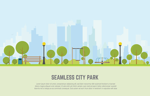 Seamless city park bench, lawn and trees, trash can, swings and carousels. Flat style vector. On background business city center with skyscrapers. Green park vegetation in center of big town.