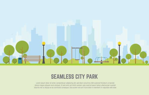 City park seamless background Seamless city park bench, lawn and trees, trash can, swings and carousels. Flat style vector. On background business city center with skyscrapers. Green park vegetation in center of big town. public park stock illustrations