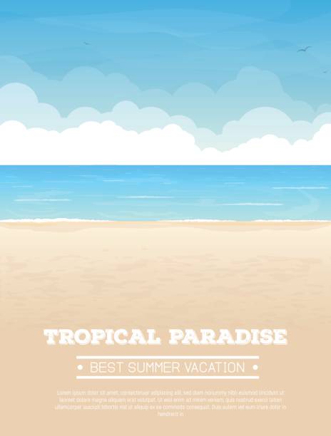 Tropical beach vacation banner Summer vacation vertical banner with text. Tropical sand beach, sea or ocean with waves and big clouds on horizon, sea birds flying in the sky. Seaside view. Vector realistic illustration. sand illustrations stock illustrations
