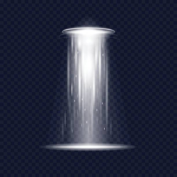 Light house UFO alien spaceship light beam. Isolated transparent light with opacity. Glowing particles. Spotlight from above. alien invasion stock illustrations