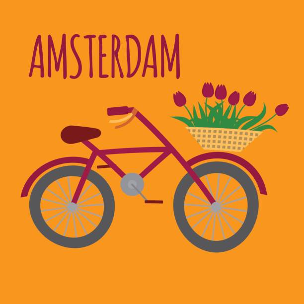 amsterdam miasto płaskie sztuki. punkt orientacyjny podróży, holandia rower, rower holland i kwiaty - symbol journey icon set street stock illustrations