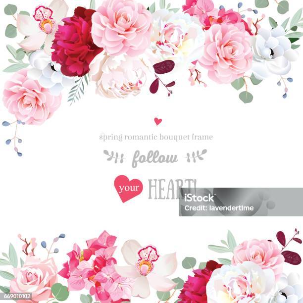 Romantique Cadre Floral Arrangé De Fleurs Et Feuilles Vecteurs libres de droits et plus d'images vectorielles de Fleur - Flore