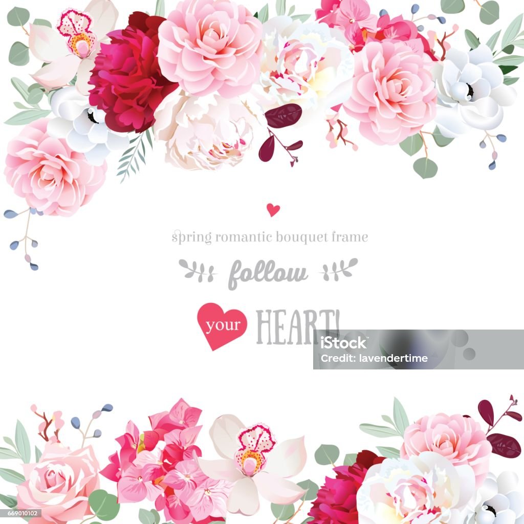 Romantic floral frame arranged from flowers and leaves Romantic floral frame arranged from burgundy red and white peony, pink rose, camellia, hydrangea, anemone, orchid. Beautiful wedding vector design. All elements are isolated and editable. Flower stock vector