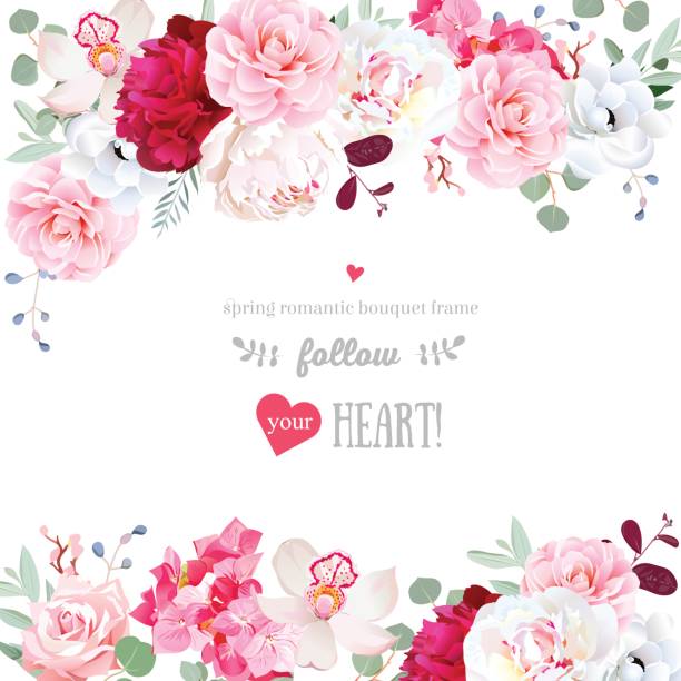 Romantic floral frame arranged from flowers and leaves Romantic floral frame arranged from burgundy red and white peony, pink rose, camellia, hydrangea, anemone, orchid. Beautiful wedding vector design. All elements are isolated and editable. pink flower frame stock illustrations