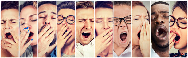 Multiethnic group of sleepy people women and men yawning Multiethnic group of sleepy people women and men with wide open mouth yawning eyes closed looking bored. Lack of sleep laziness concept narcolepsy stock pictures, royalty-free photos & images