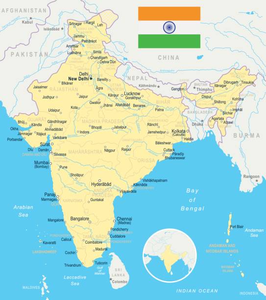 indie - mapa i flaga â ilustracja - india capital cities new delhi map stock illustrations