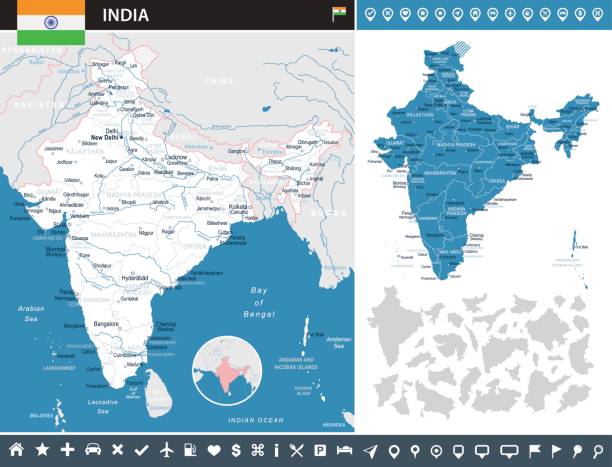 indie - mapa i flaga â ilustracja infograficzna - india capital cities new delhi map stock illustrations