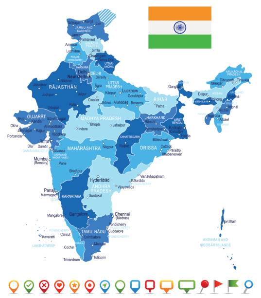индия - карта и иллюстрация флага - india capital cities new delhi map stock illustrations