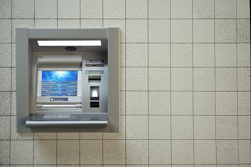 Cash Machine Bank Atm Machine Automated Teller Bank Cash Machine On Concrete Wall Stock ...