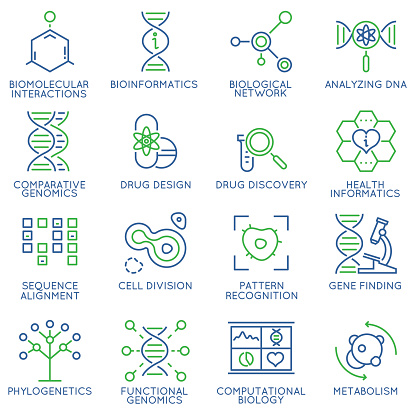 Vector set of 16 linear thin icons related to bioinformatics and bioengineering. Mono line pictograms and infographics design elements