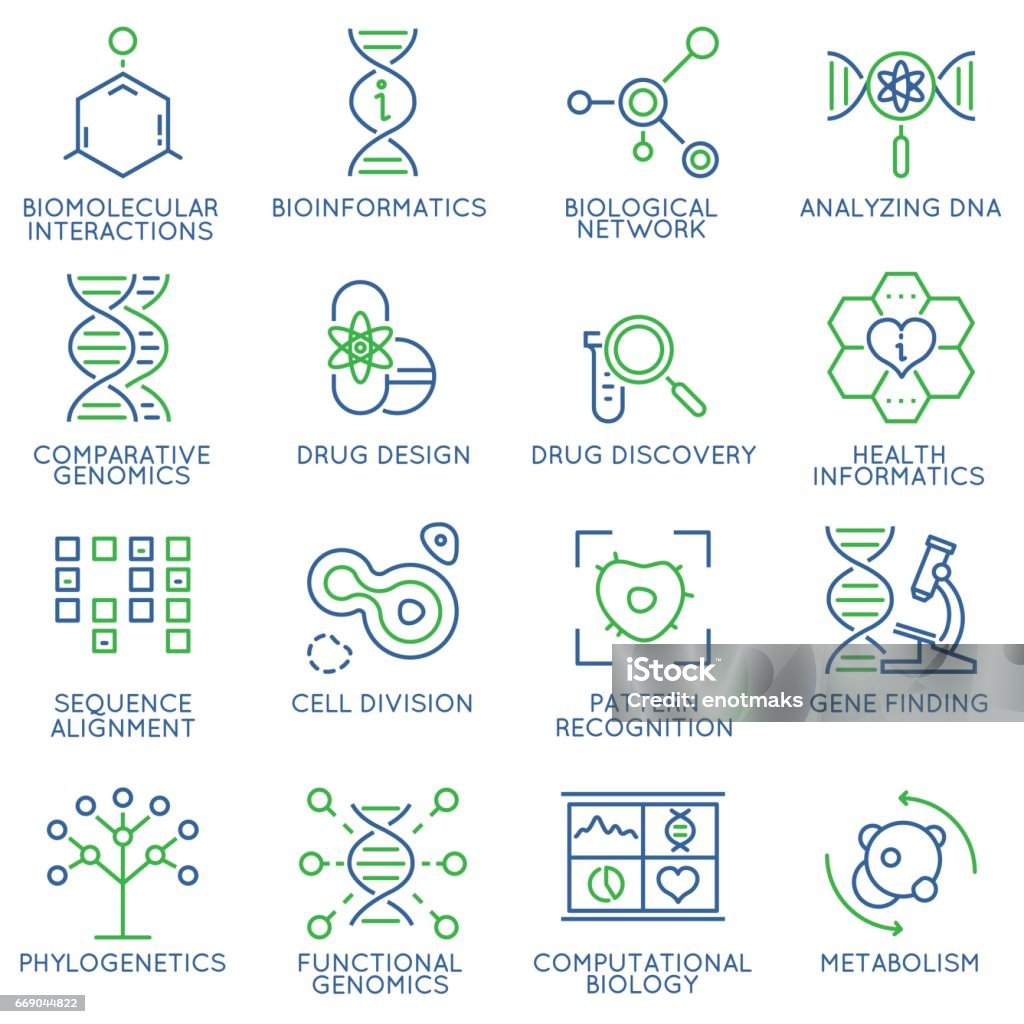 Vector set of 16 linear thin icons related to bioinformatics and bioengineering. Mono line pictograms and infographics design elements Icon Symbol stock vector