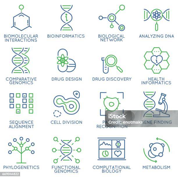 Vector Set Of 16 Linear Thin Icons Related To Bioinformatics And Bioengineering Mono Line Pictograms And Infographics Design Elements Stock Illustration - Download Image Now