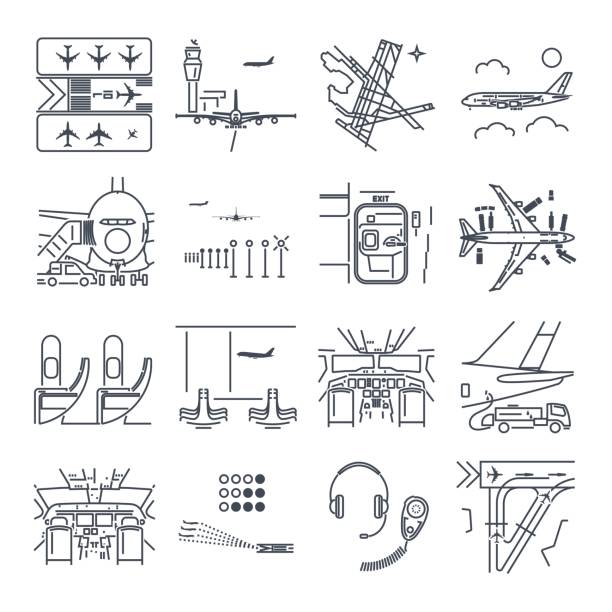 set of thin line icons airport and airplane, terminal, runway set of thin line icons airport and airplane, terminal, runway, cockpit landing craft stock illustrations