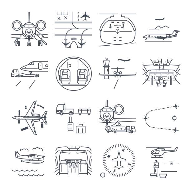 얇은 선 아이콘 공항 및 비행기, 비즈니스 항공기의 세트 - airfield air vehicle helicopter commercial airplane stock illustrations